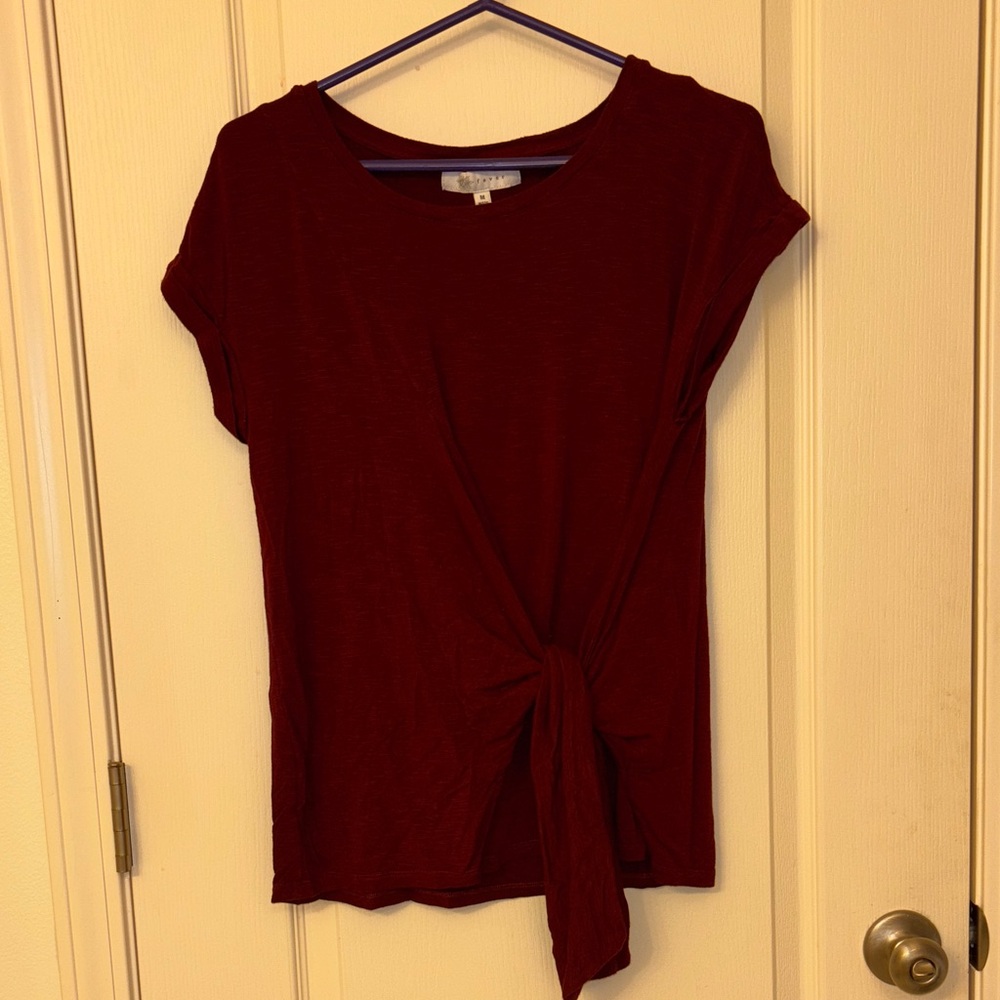 Fever Burgundy Short Sleeve Tie-Front Top